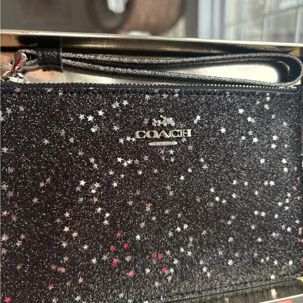 Coach Black With Star Print in black glitter Zip Wristlet NWT - Picture 2 of 4